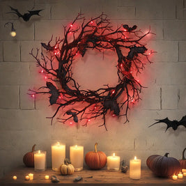 Pack of 4 Halloween Bat Wreaths with LED Lights, Black Branch Front Door Wreath with Bats, Battery Operated, 16.5in