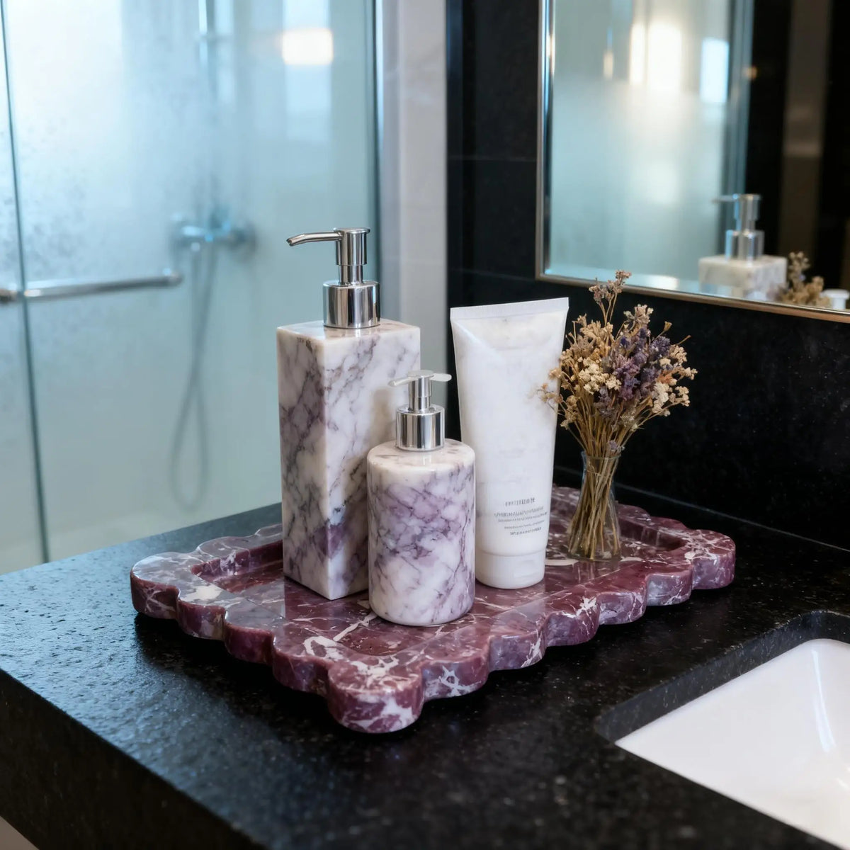 Scalloped Ceramic Vanity Tray, Purple Marble Look Perfume Tray, 9.8-11.8in