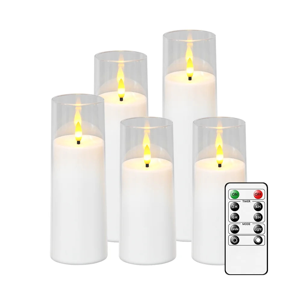 Flameless Candles with Remote, White LED Pillar Candles in Clear Acrylic Shells, Flickering, Battery Operated, Set of 5, 5.5-8.5in