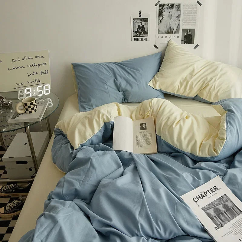 Washed Cotton Bedding Set of 4, Soft Duvet Cover, Sheet & Pillowcases, Solid Color, 14 Colors, 5 Sizes