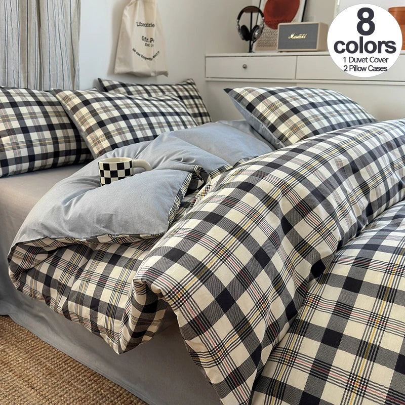 Checked & Plaid Duvet Cover Set with 2 Pillowcases, 100% Cotton Twill, 200 Thread Count, No Filling, 8 Designs, 4 Sizes
