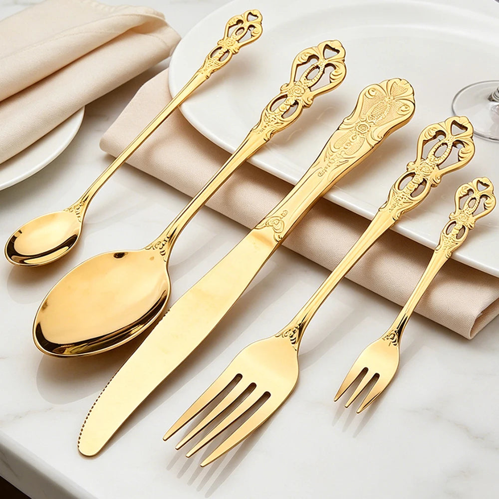 Vintage Baroque Flatware Set, 20-Piece Stainless Steel Cutlery for 4, Ornate Scroll Handles, Black, Gold, Silver & More