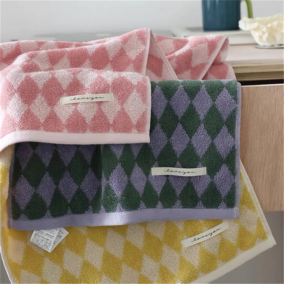 Checkered Jacquard Cotton Towel, Soft Absorbent Hand & Hair Towel, Yarn Dyed Pure Cotton, 2 Colors, 14x30in