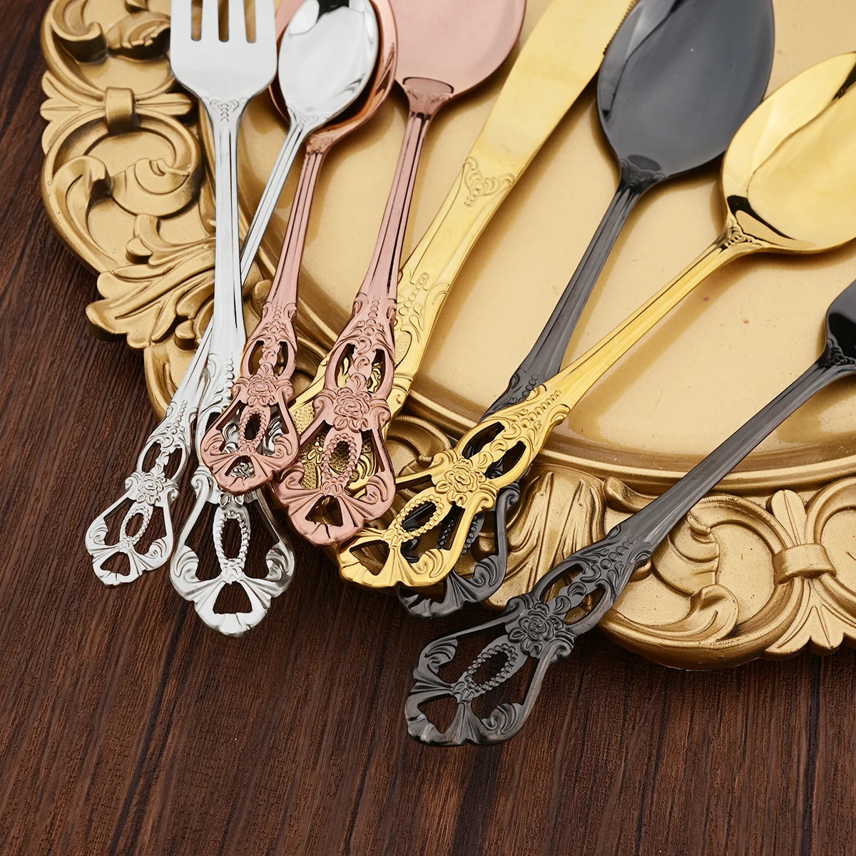 Vintage Baroque Flatware Set, 20-Piece Stainless Steel Cutlery for 4, Ornate Scroll Handles, Black, Gold, Silver & More