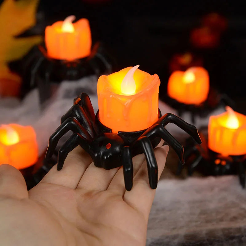 Spider LED Tealight Candles, Halloween Flameless Candles for Table & Haunted House Decor, Black Spider Base, Set of 10, 3.3in