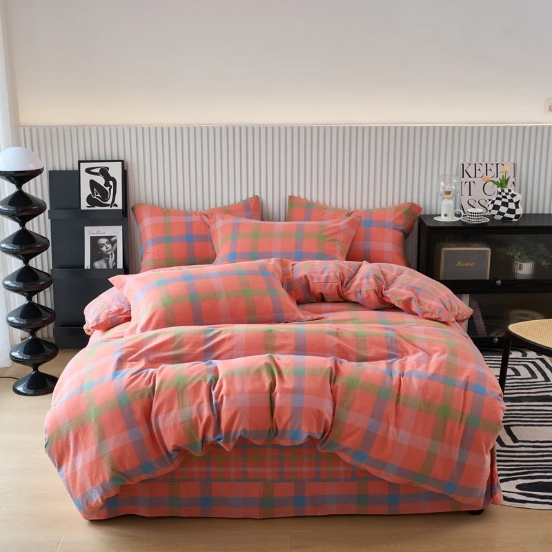Plaid & Gingham Duvet Cover Set with 2 Pillowcases, 100% Cotton Bedding, 200 Thread Count, No Filling, 16 Colors, 4 Sizes