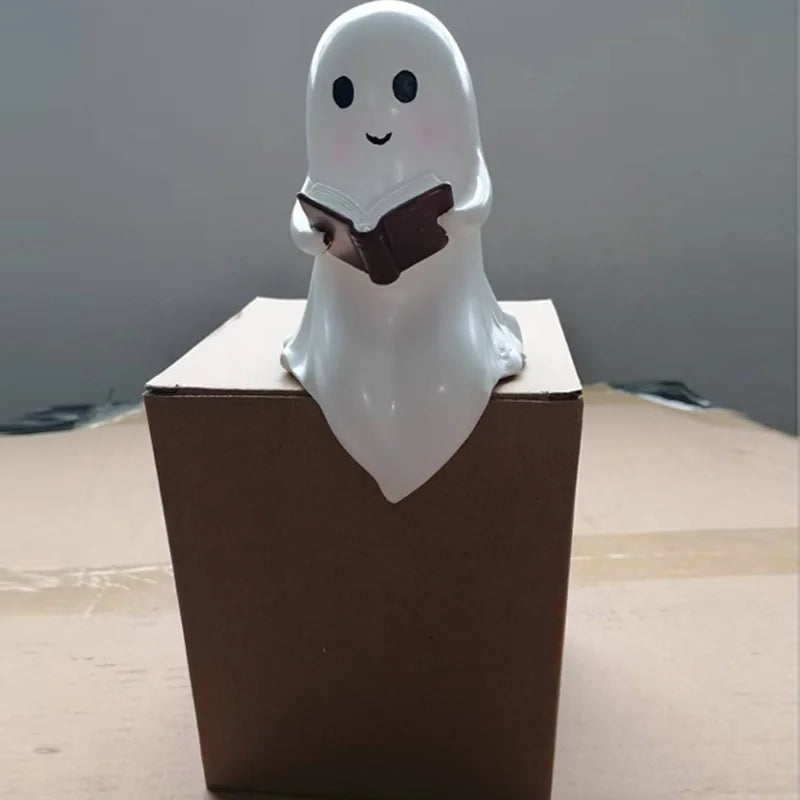 Pack of 3 Ghost Reading Book Lamp, Halloween Ghost Night Light & Shelf Decor, Battery Operated Glowing White Ghost with Book, 5.5in