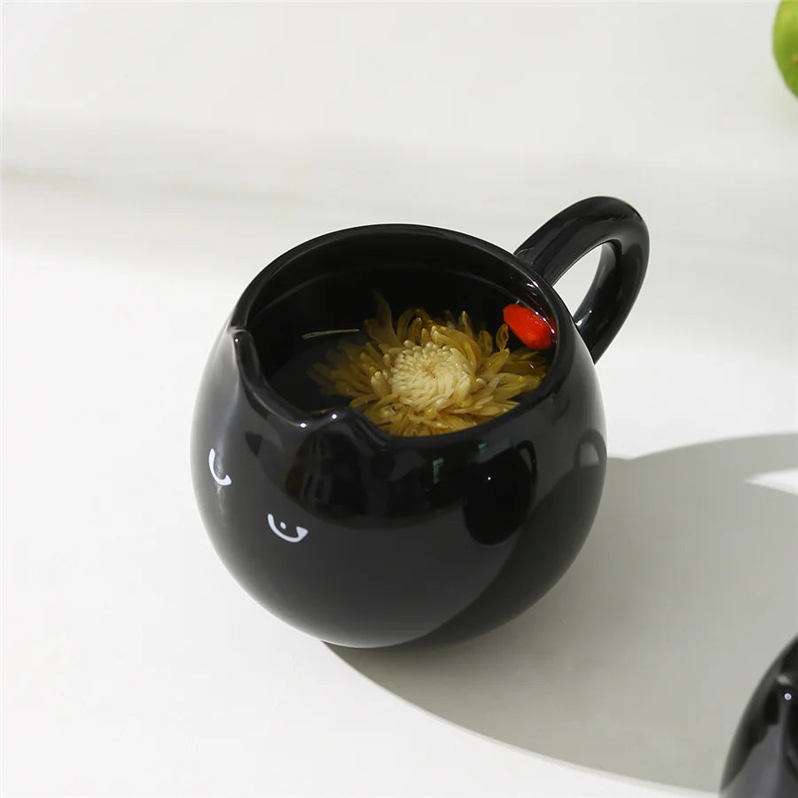 Pack of 4 Black Cat Mugs, Ceramic Cat Shaped Coffee Cup with Ears, Glossy Black Halloween & Everyday Mug, 13oz, 3.3in