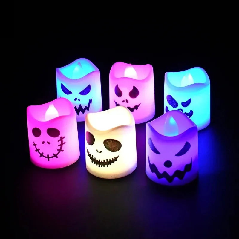 Color Changing LED Tealight Candles, Halloween Flameless Candles with Spooky Ghost Faces, Battery Operated, Set of 6, 1.8in