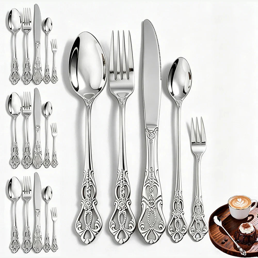 Vintage Baroque Flatware Set, 20-Piece Stainless Steel Cutlery for 4, Ornate Scroll Handles, Black, Gold, Silver & More