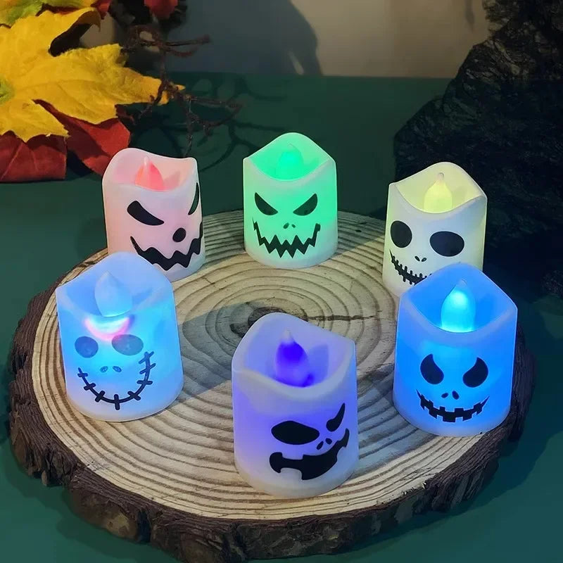 Color Changing LED Tealight Candles, Halloween Flameless Candles with Spooky Ghost Faces, Battery Operated, Set of 6, 1.8in