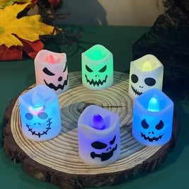 Color Changing LED Tealight Candles, Halloween Flameless Candles with Spooky Ghost Faces, Battery Operated, Set of 6, 1.8in