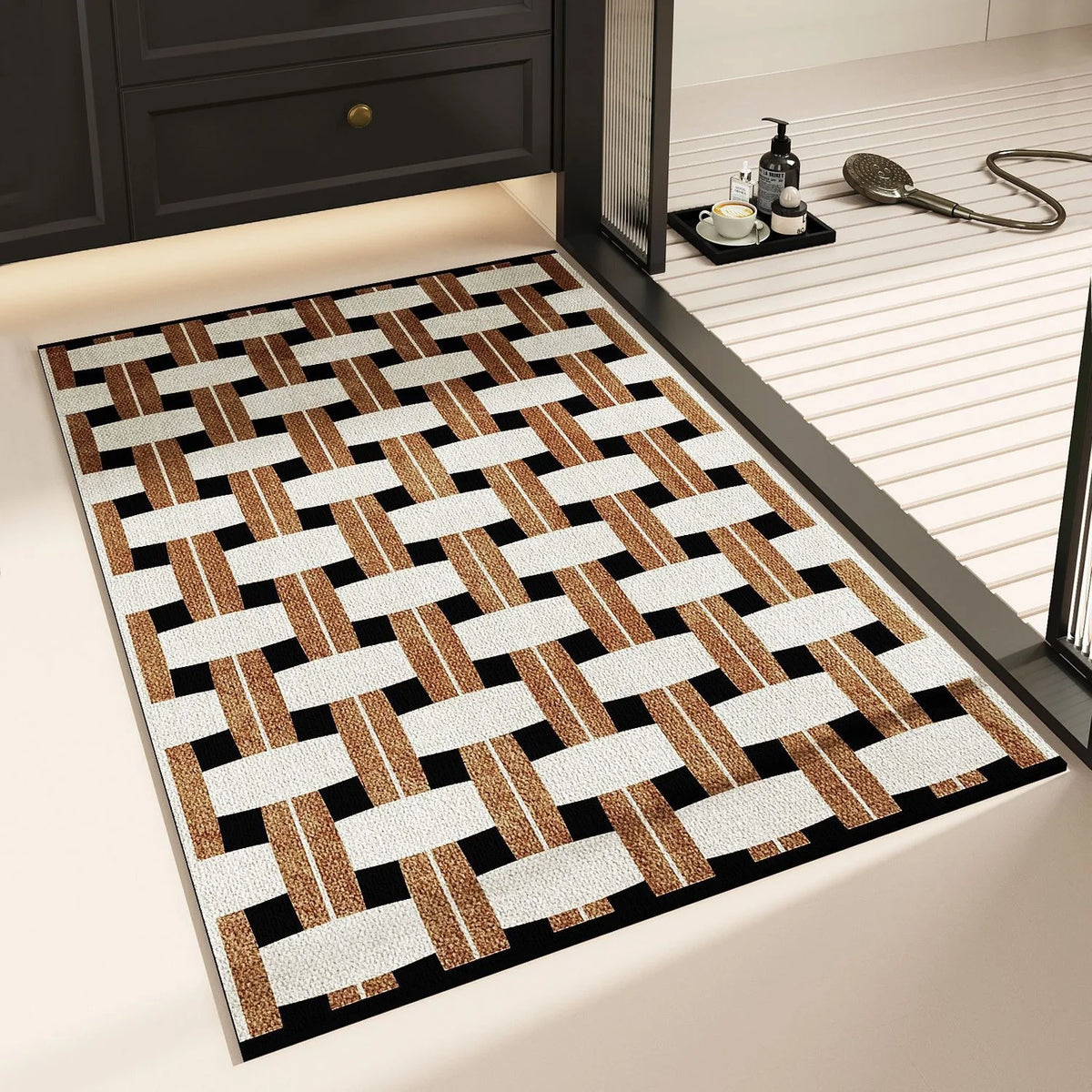 Checkerboard Bath Mat in Geometric Check, Minimalist Bathroom & Entryway Mat, Non Slip Absorbent, 8 Colors, 16x24in