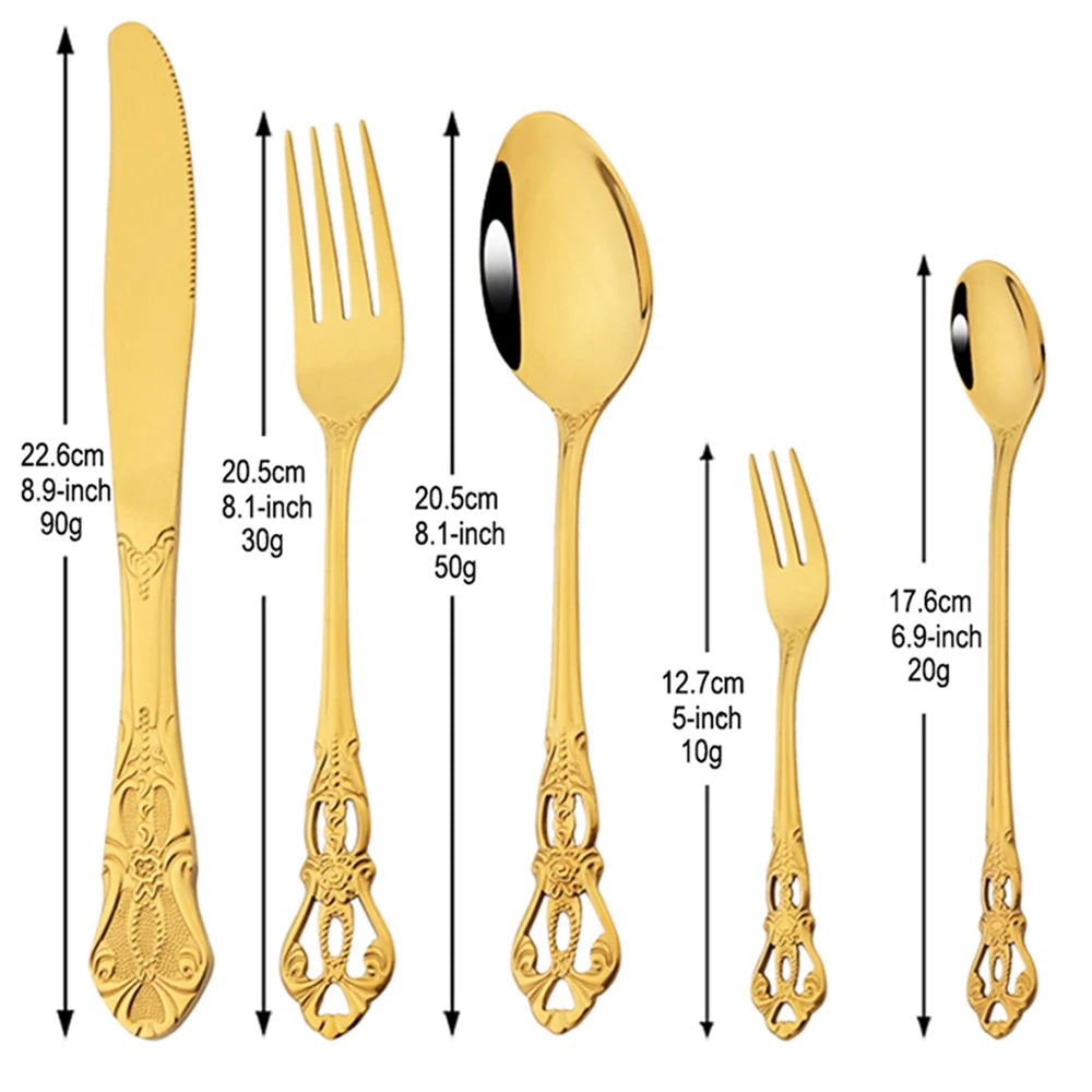 Vintage Baroque Flatware Set, 20-Piece Stainless Steel Cutlery for 4, Ornate Scroll Handles, Black, Gold, Silver & More