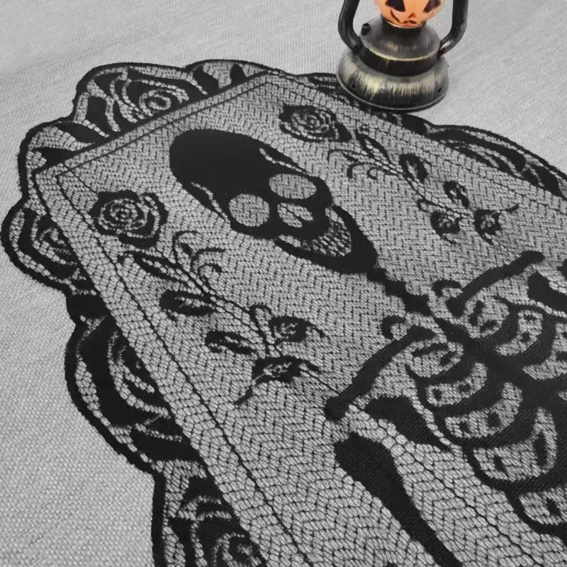 Halloween Table Runner, Black Lace Skeleton & Rose Gothic Table Decor, Coffin Shape with Scalloped Edge, 23.6 x 72in