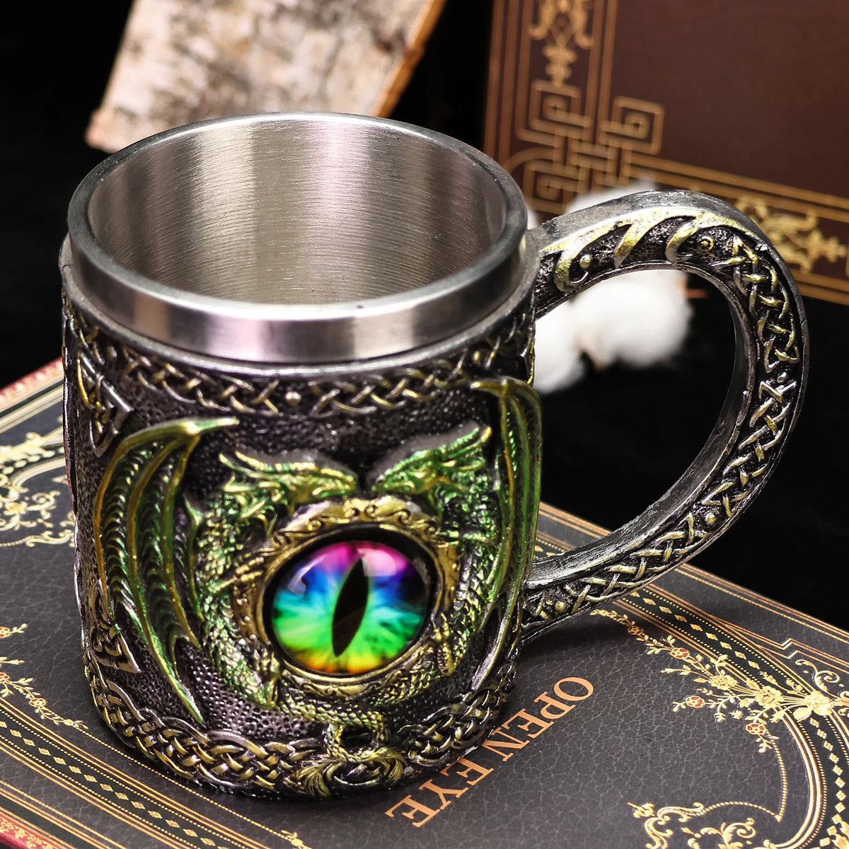 Pack of 3 Medieval Dragon Tankard, Resin Beer Stein with Stainless Steel Liner, Gothic Skull & Dragon Eye Mug, 4 Styles, 15oz, 5.5in