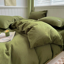 Waffle Weave Bedding Set of 4 with Duvet Cover, Flat Sheet & 2 Pillowcases, 100% Cotton, No Filling, 4 Colors, 2 Sizes