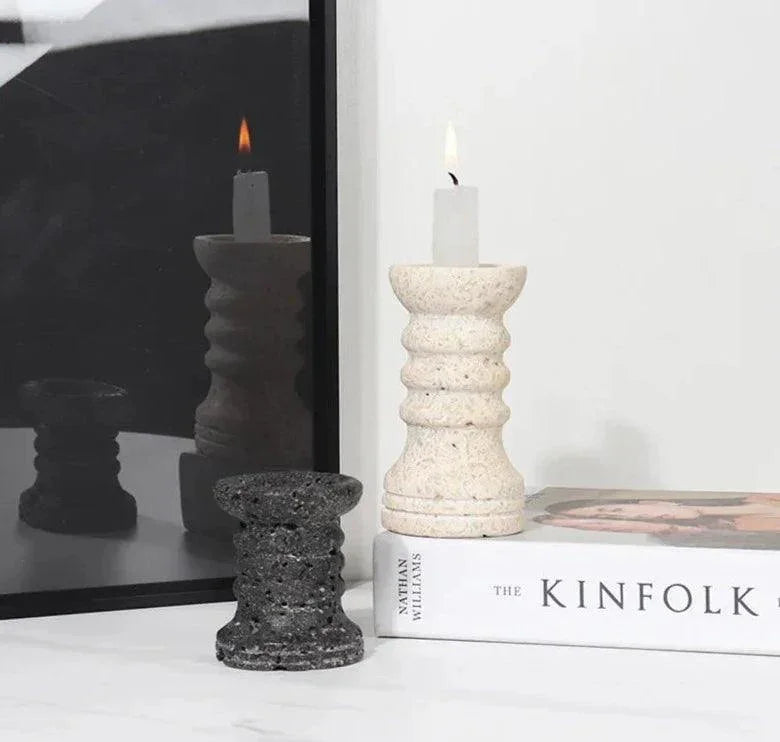Travertine Candle Holders Set of 2, Ribbed Stone Candlesticks, 2.8 & 4.3in