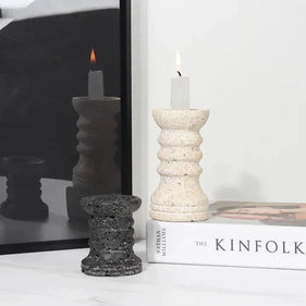 Travertine Candle Holders Set of 2, Ribbed Stone Candlesticks, 2.8 & 4.3in
