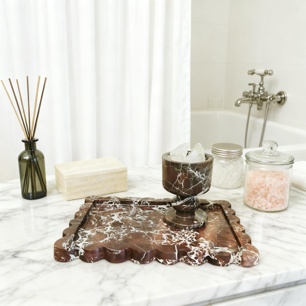Scalloped Ceramic Vanity Tray, Purple Marble Look Perfume Tray, 9.8-11.8in