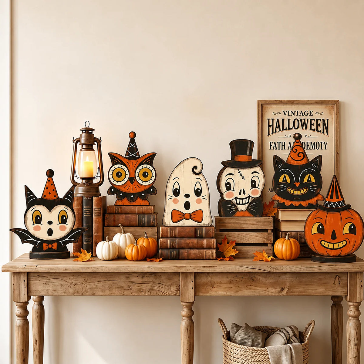 Vintage Halloween Wooden Shelf Sitters, Painted Ghost, Pumpkin, Black Cat, Owl & Skeleton Figures, Set of 6, 4in