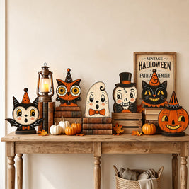 Vintage Halloween Wooden Shelf Sitters, Painted Ghost, Pumpkin, Black Cat, Owl & Skeleton Figures, Set of 6, 4in