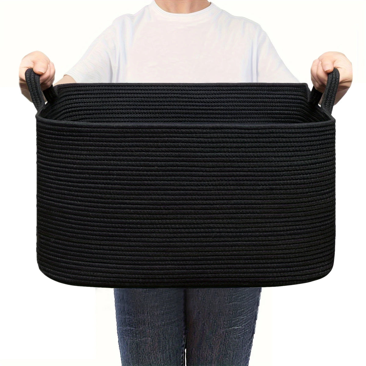 Large Woven Rope Storage Basket with Handles, Laundry, Blanket & Toy Basket, Halloween Candy Bin, 6 Colors, 19 x 13.4in