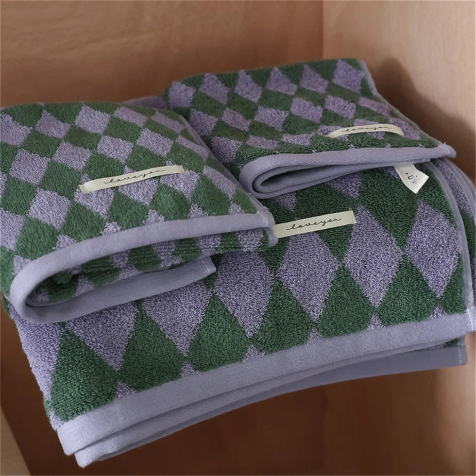 Checkered Jacquard Cotton Towel, Soft Absorbent Hand & Hair Towel, Yarn Dyed Pure Cotton, 2 Colors, 14x30in