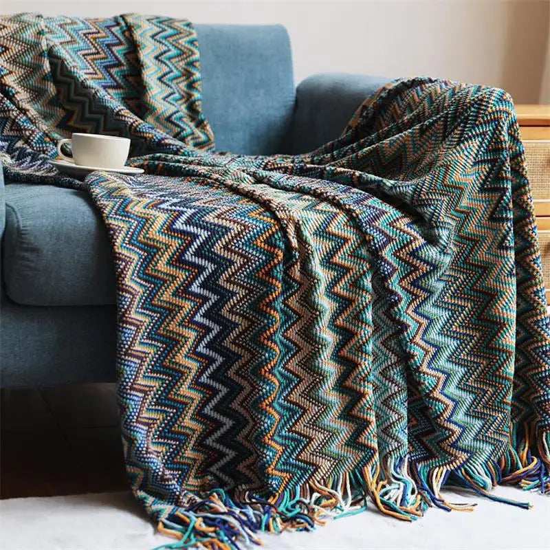 Hand Knitted Blanket with Tassels, Breathable Bohemian Sofa & Bed Throw, 100% Acrylic, 2 Sizes