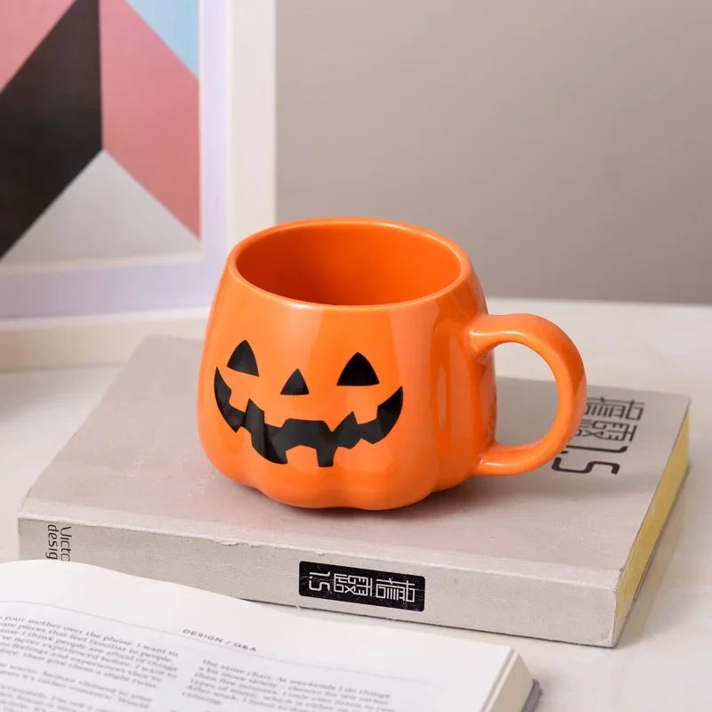Pack of 3 Pumpkin Mugs, Ceramic Jack-o'-Lantern Coffee Cup for Halloween & Fall, Glossy Orange, Black or Gold Face, 13.5oz, 3.2in