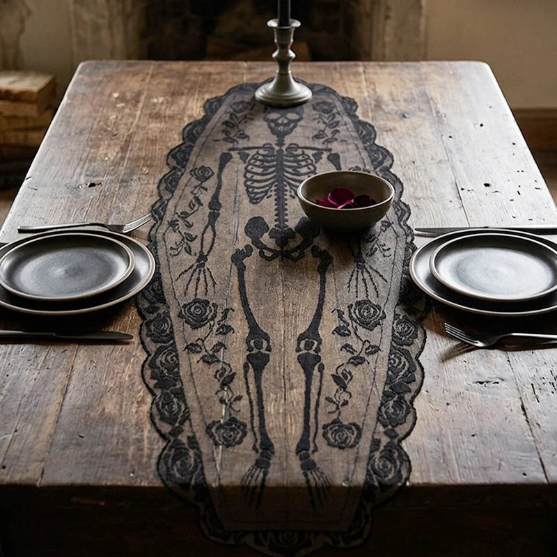 Halloween Table Runner, Black Lace Skeleton & Rose Gothic Table Decor, Coffin Shape with Scalloped Edge, 23.6 x 72in