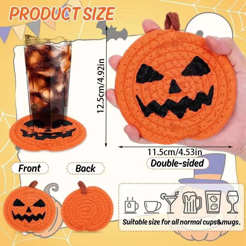 Halloween Coasters, Handwoven Cotton Pumpkin Coasters with Jack-o'-Lantern Faces, Absorbent Drink Coasters, Set of 8