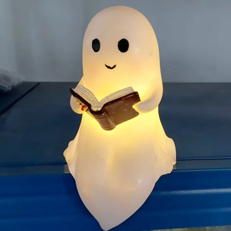 Pack of 3 Ghost Reading Book Lamp, Halloween Ghost Night Light & Shelf Decor, Battery Operated Glowing White Ghost with Book, 5.5in