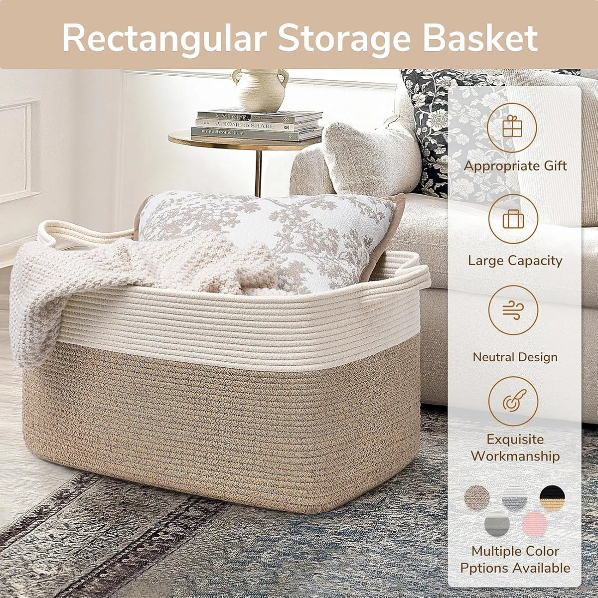 Large Woven Rope Storage Basket with Handles, Laundry, Blanket & Toy Basket, Halloween Candy Bin, 6 Colors, 19 x 13.4in