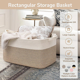 Large Woven Rope Storage Basket with Handles, Laundry, Blanket & Toy Basket, Halloween Candy Bin, 6 Colors, 19 x 13.4in