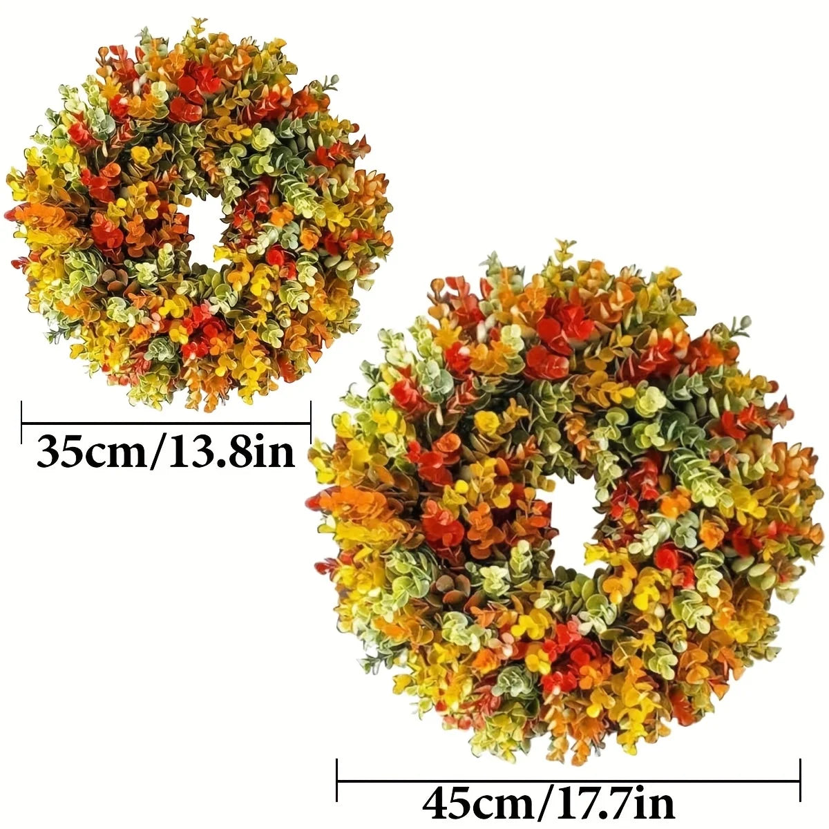 Pack of 2 Fall Wreaths for Front Door, Artificial Autumn Leaf Wreath in Red, Orange & Gold, Indoor Door & Wall Decor, 13.8 or 17.7in