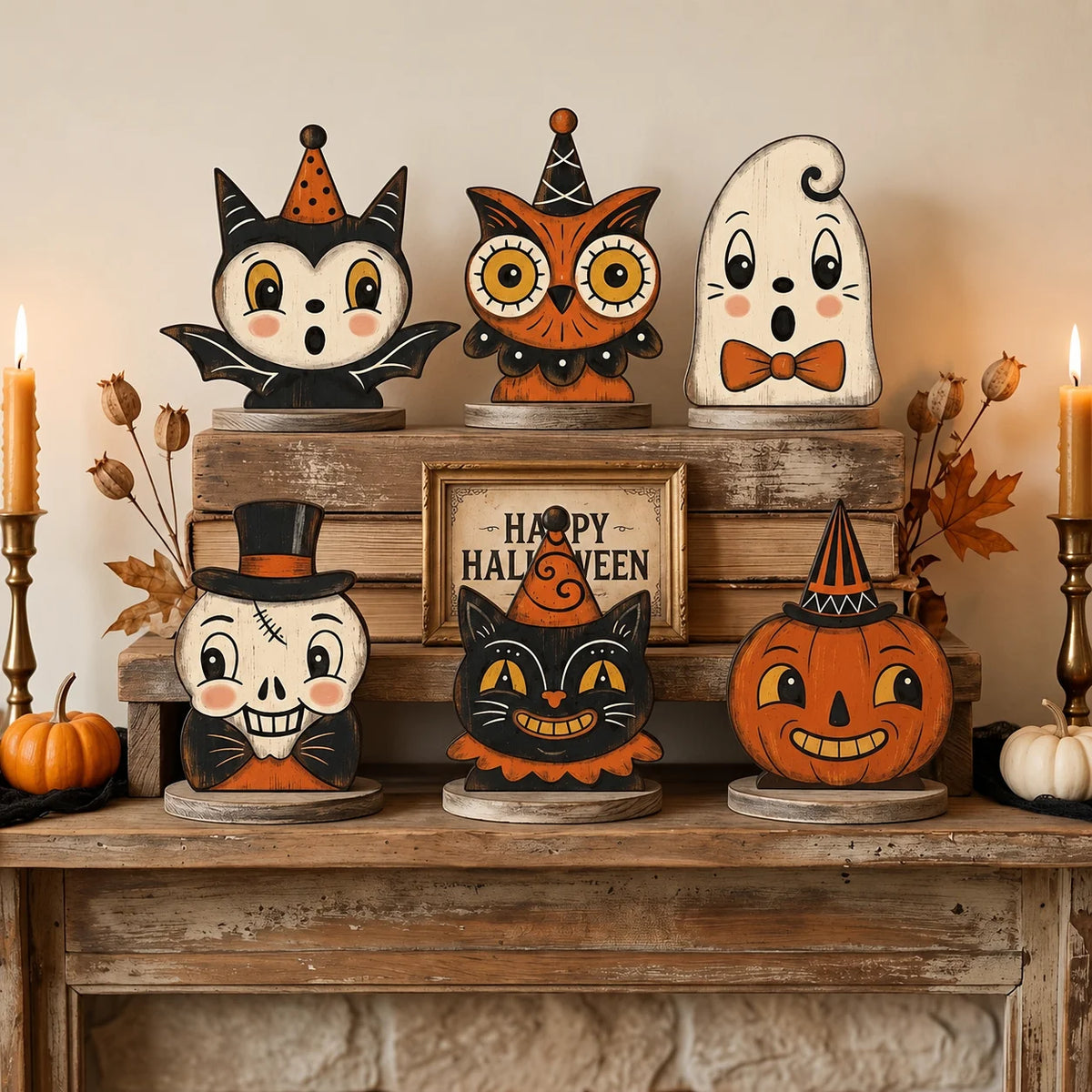 Vintage Halloween Wooden Shelf Sitters, Painted Ghost, Pumpkin, Black Cat, Owl & Skeleton Figures, Set of 6, 4in