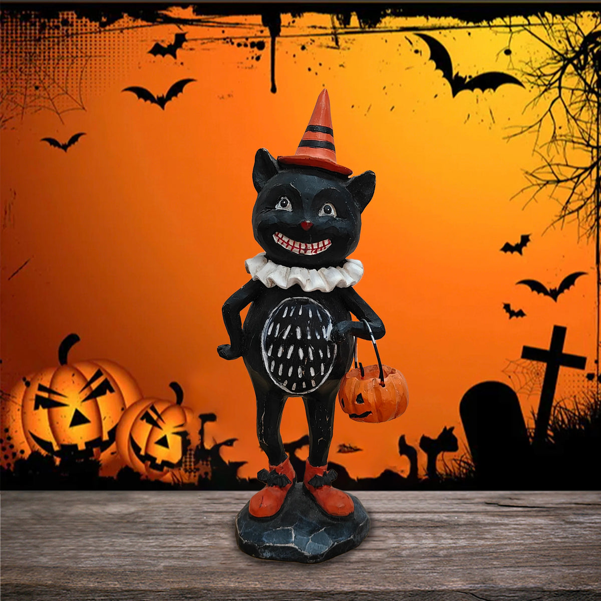 Vintage Halloween Figurine, Resin Pumpkin Head or Black Cat Statue with Party Hat, Mantel & Shelf Decor, 7.8in