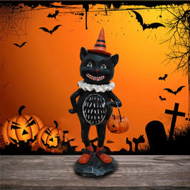Vintage Halloween Figurine, Resin Pumpkin Head or Black Cat Statue with Party Hat, Mantel & Shelf Decor, 7.8in