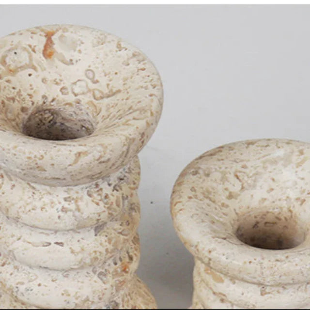 Travertine Candle Holders Set of 2, Ribbed Stone Candlesticks, 2.8 & 4.3in