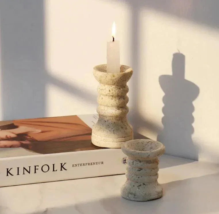 Travertine Candle Holders Set of 2, Ribbed Stone Candlesticks, 2.8 & 4.3in