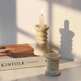 Travertine Candle Holders Set of 2, Ribbed Stone Candlesticks, 2.8 & 4.3in