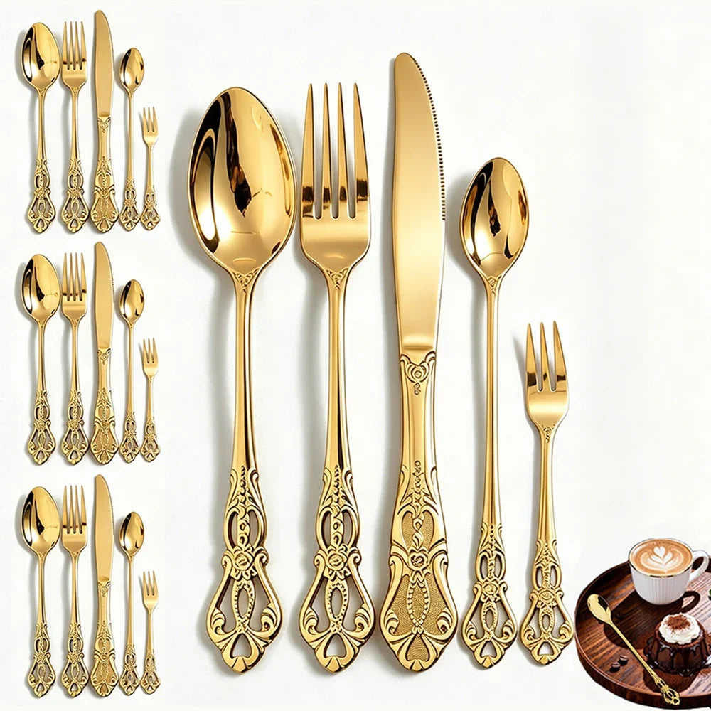 Vintage Baroque Flatware Set, 20-Piece Stainless Steel Cutlery for 4, Ornate Scroll Handles, Black, Gold, Silver & More