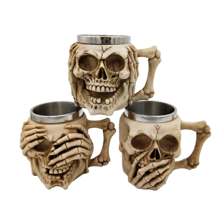 Pack of 3 3D Skull Mug & Goblet, Halloween Resin Skull Cup with Stainless Steel Liner, Gothic Bar & Party Drinkware, 9 Styles, 180-500ml