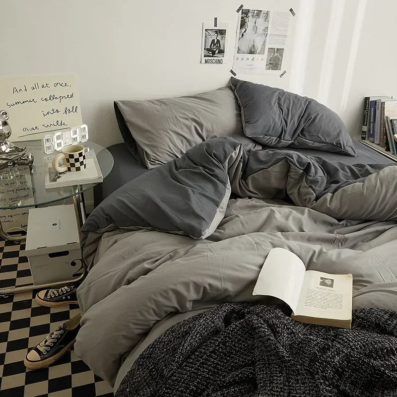 Washed Cotton Bedding Set of 4, Soft Duvet Cover, Sheet & Pillowcases, Solid Color, 14 Colors, 5 Sizes