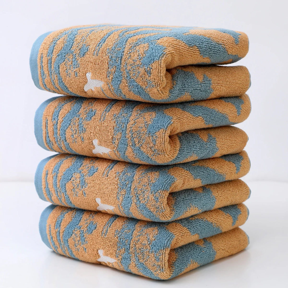Jacquard Cotton Towel Set of 4, Thick Absorbent Bathroom Towels, Yarn Dyed Pure Cotton, 3 Colors, 14x28in