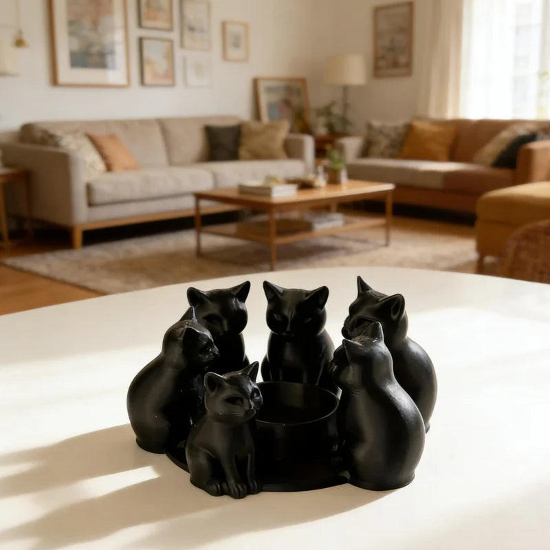 Pack of 3 Black Cat Tealight Holders, Halloween Candle Holder & Table Centerpiece, Ring of Sitting Cats, Matte Black, 5in