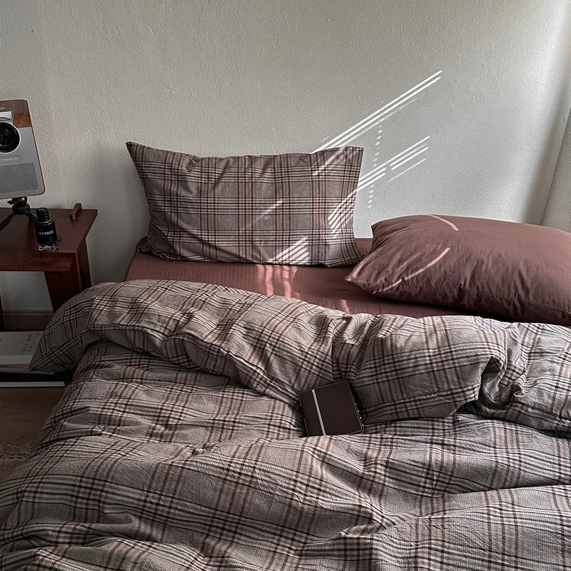 Japanese Style Plaid Duvet Cover Set with 2 Pillowcases, 100% Cotton Bedding, 200 Thread Count, No Filling, 3 Colors, 3 Sizes