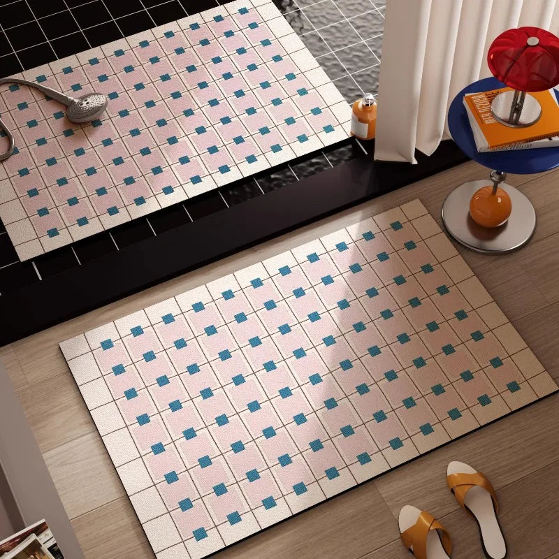 Bauhaus Bath Mat with Dot & Grid Pattern, Retro Bathroom & Doorway Mat, Non Slip Absorbent, 6 Designs, 16x24in