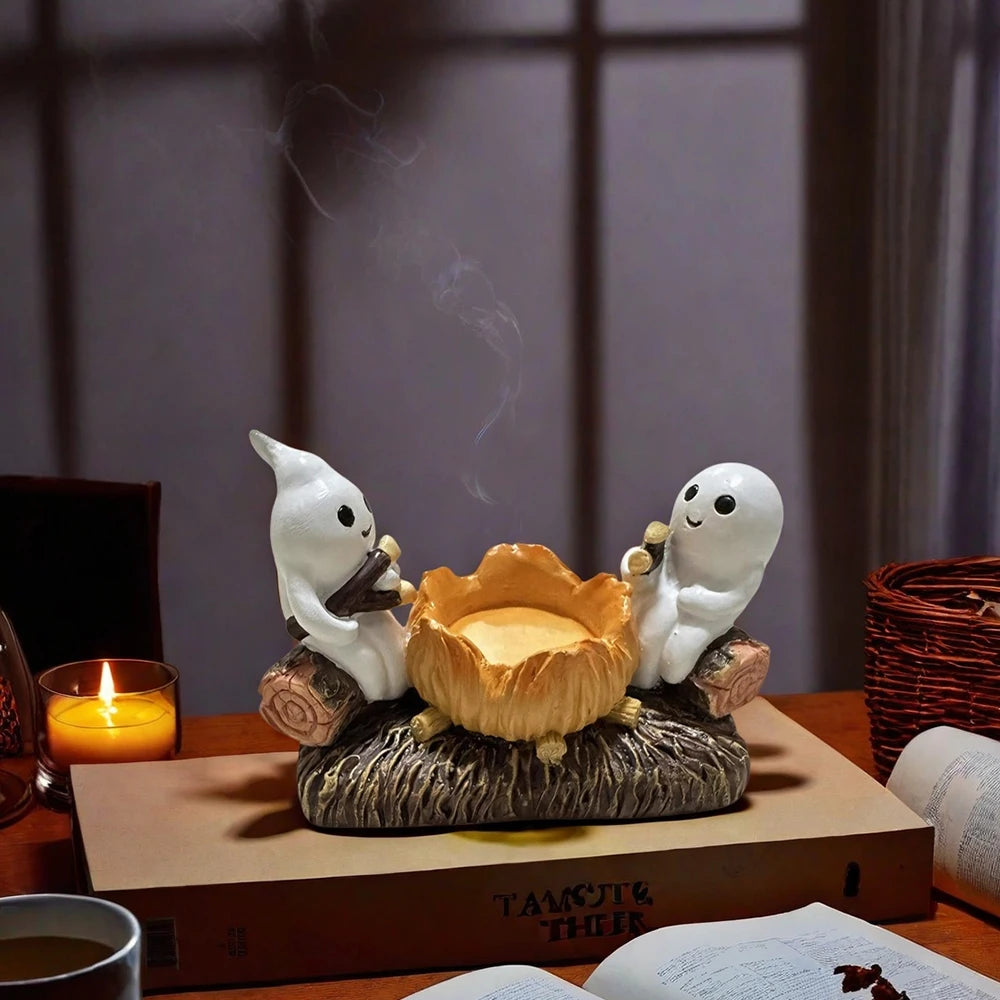 Pack of 3 Ghost Campfire Tealight Holders, Cute Halloween Candle Holder for Shelf & Table, Two Ghosts Roasting Marshmallows, Ceramic, 4.7in